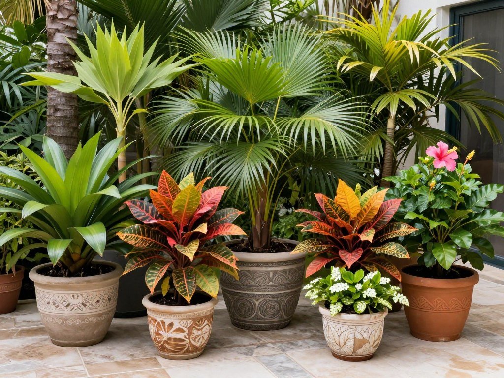 Florida patio container garden with colorful tropical plants in decorative pots