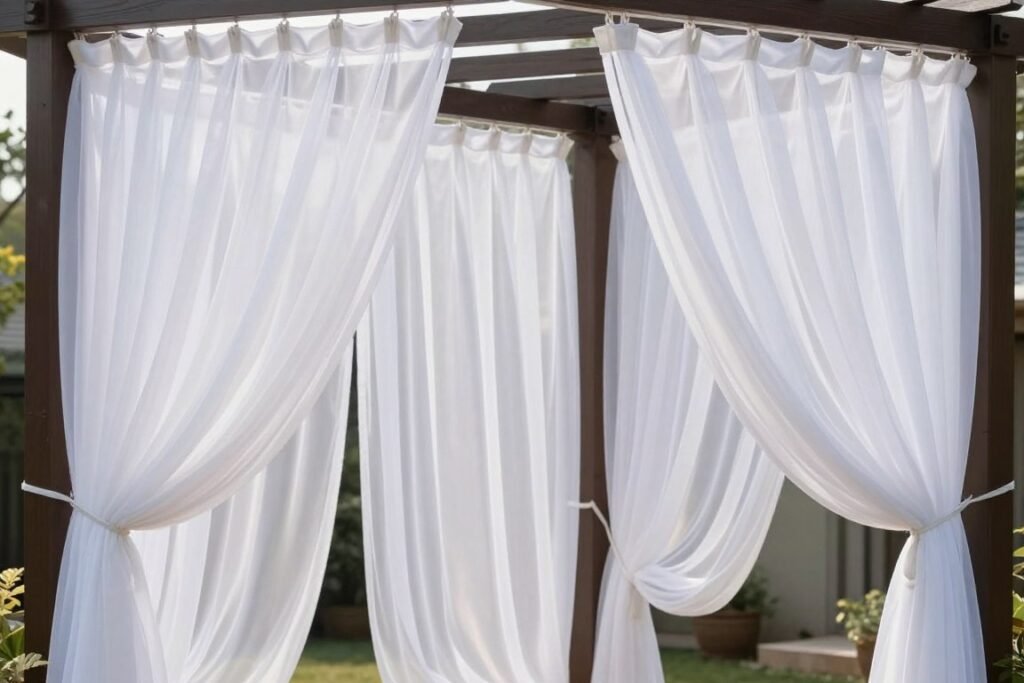 Flowing outdoor curtains on a backyard pergola creating a cozy, private retreat