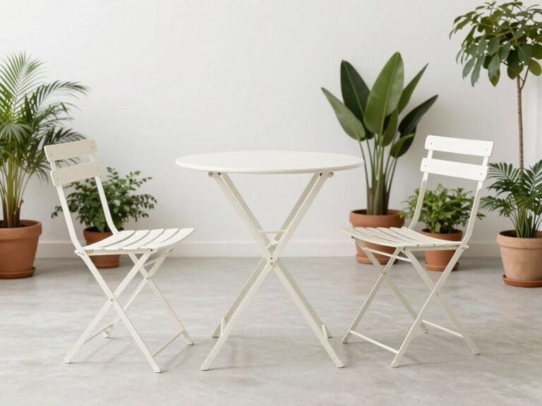 Foldable bistro set on a small patio with potted plants