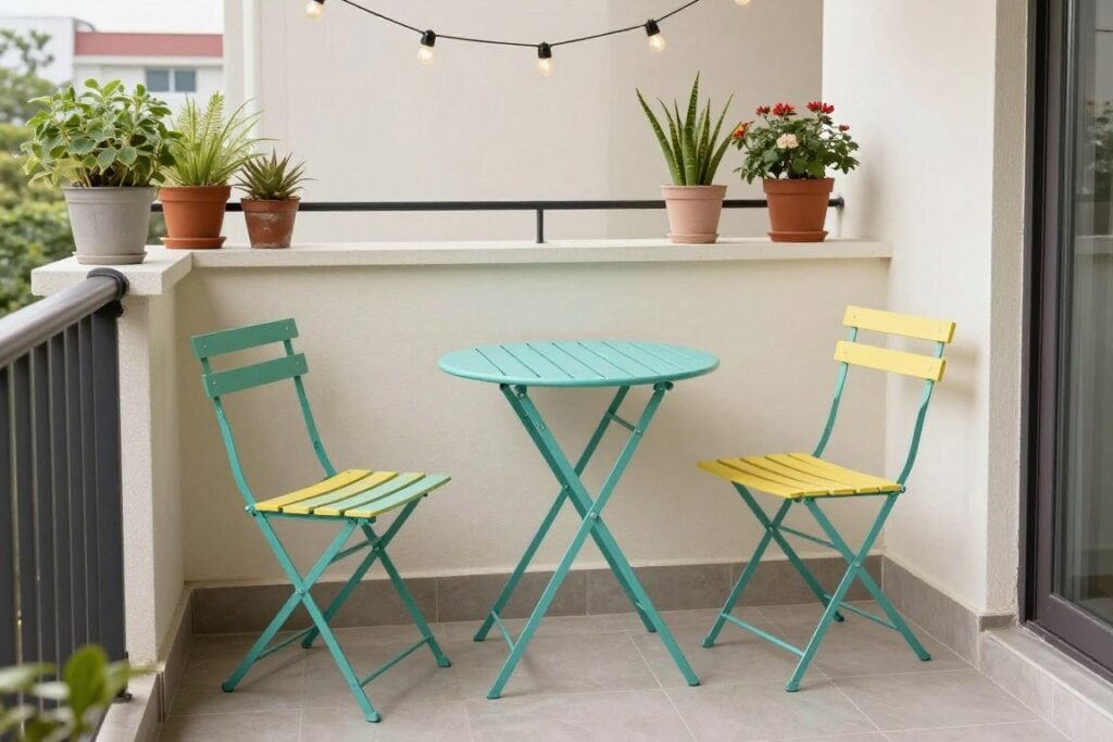 Folding bistro set on a small apartment balcony patio