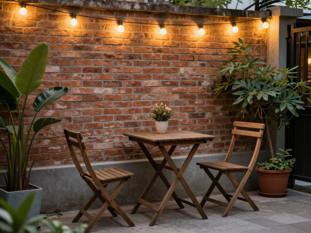 Folding bistro set on a small outdoor patio with potted plants
