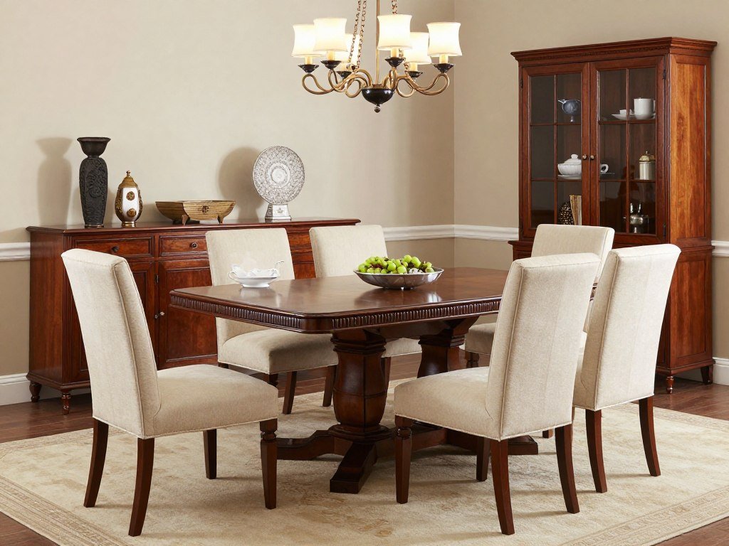 Formal dining room showcasing essential furniture: substantial table, upholstered chairs, and elegant sideboard