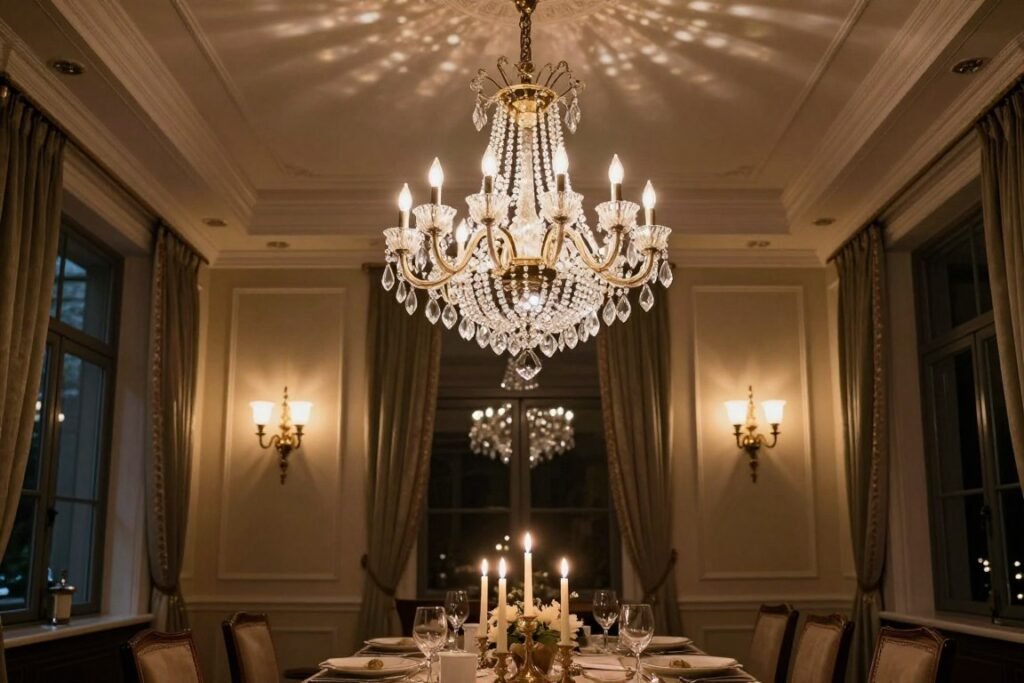 Formal dining room with dramatic chandelier as focal point, complemented by wall sconces
