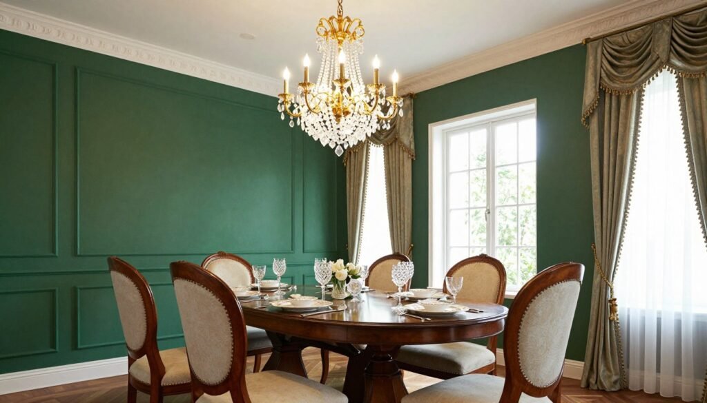 Formal dining room with rich emerald green walls, gold accents, and elegant furniture
