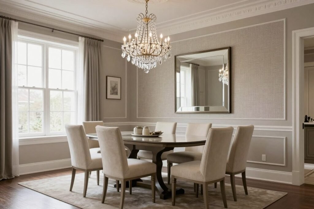 Formal dining room with sophisticated neutral palette, textural elements, and elegant furnishings