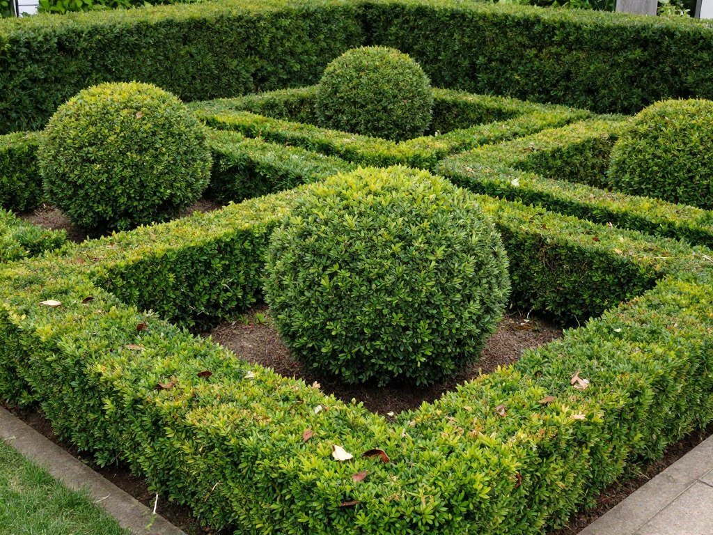 Formal evergreen garden with boxwood hedges and topiary forms