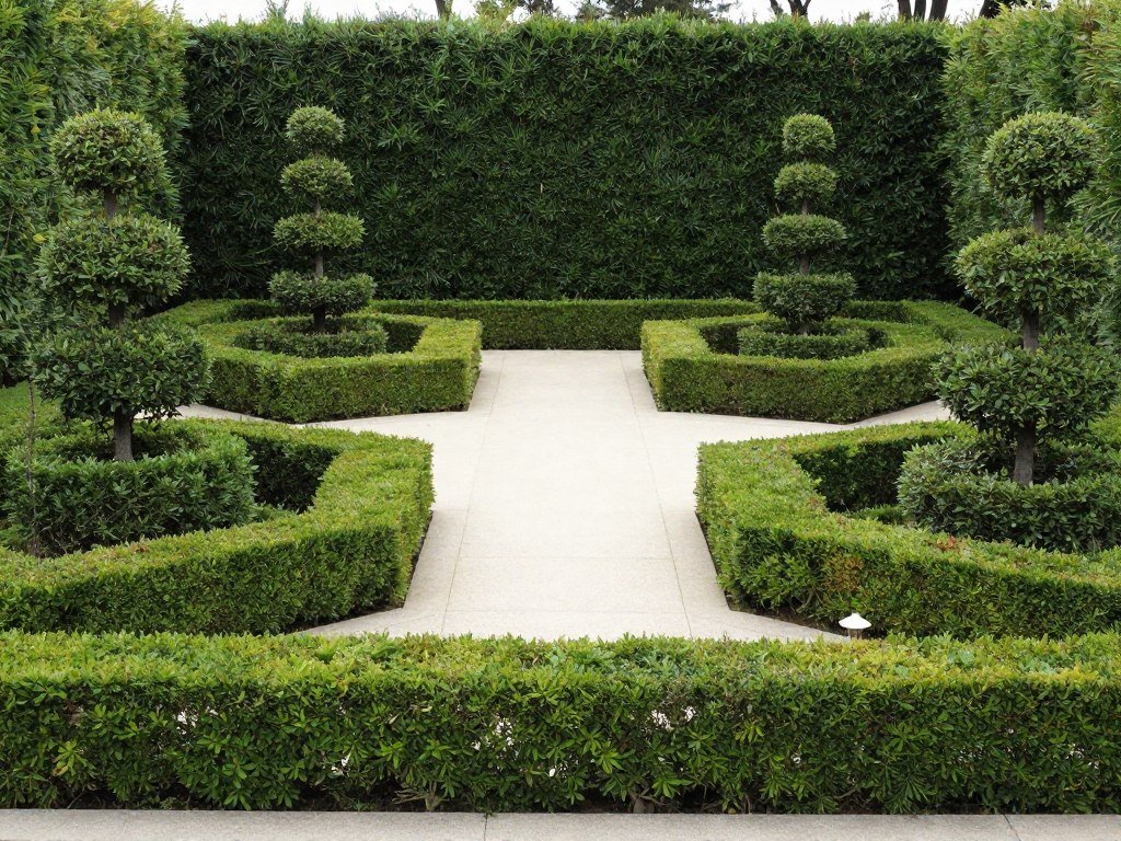 Formal front yard landscaping design with symmetrical layout and manicured hedges