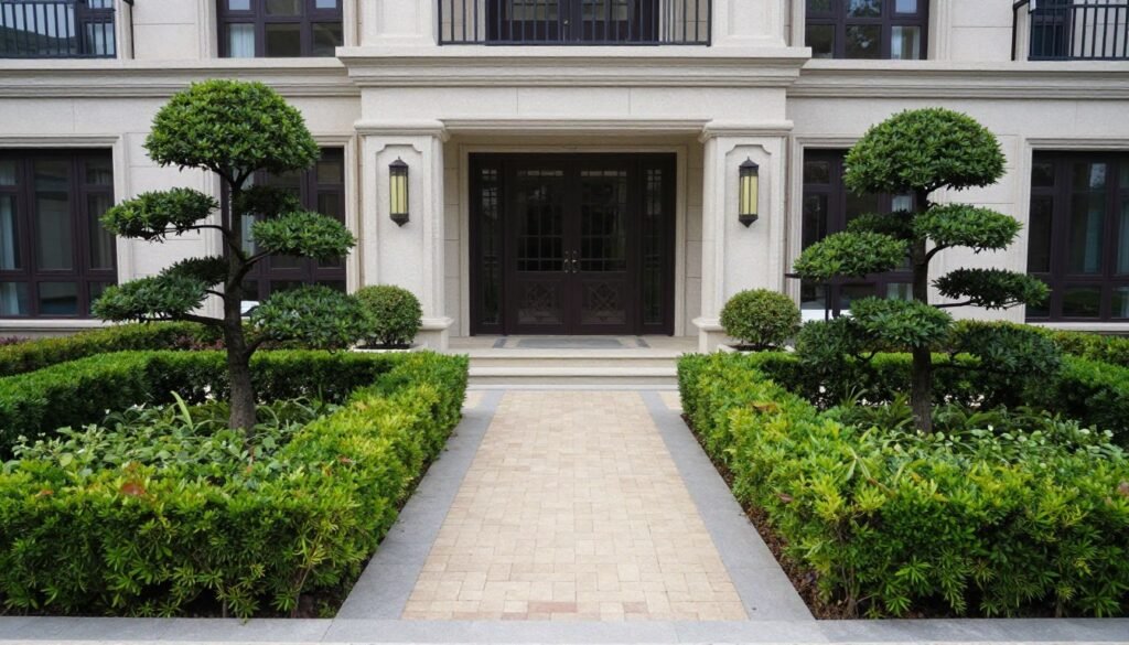 Formal symmetrical front yard landscaping design layout with manicured hedges
