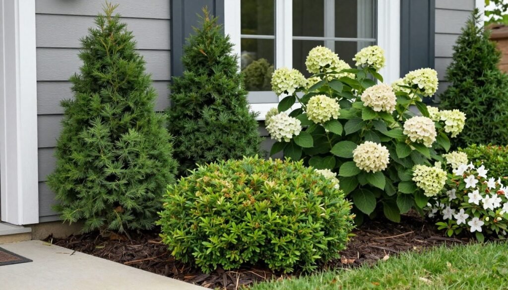 Foundation plantings with a mix of evergreen and flowering shrubs around a home entrance