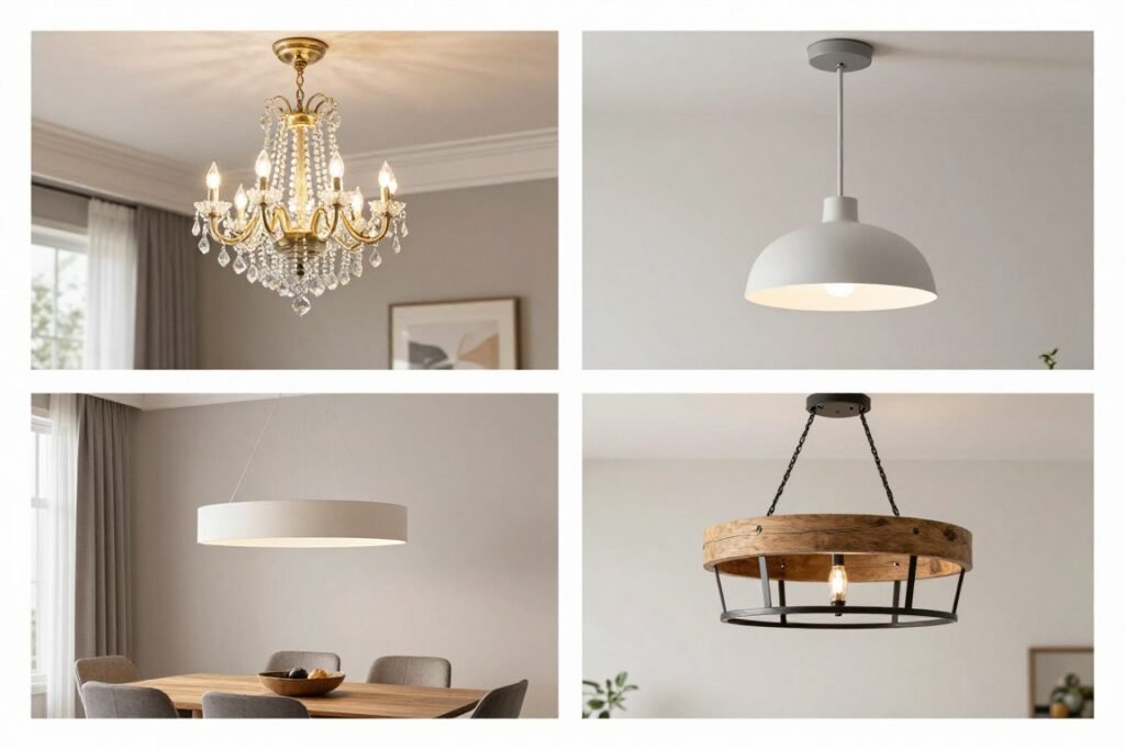 Four different dining room light fixture styles: traditional crystal chandelier, modern pendant, transitional fixture, and farmhouse chandelier