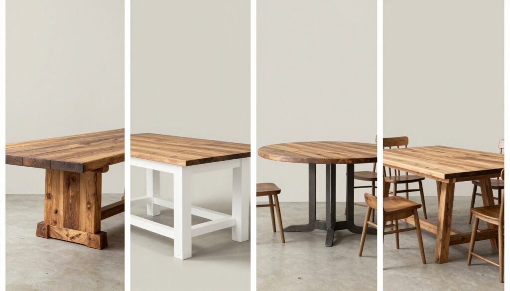 Four different farmhouse dining table styles shown side by side: classic rustic, modern farmhouse, industrial farmhouse, and French country