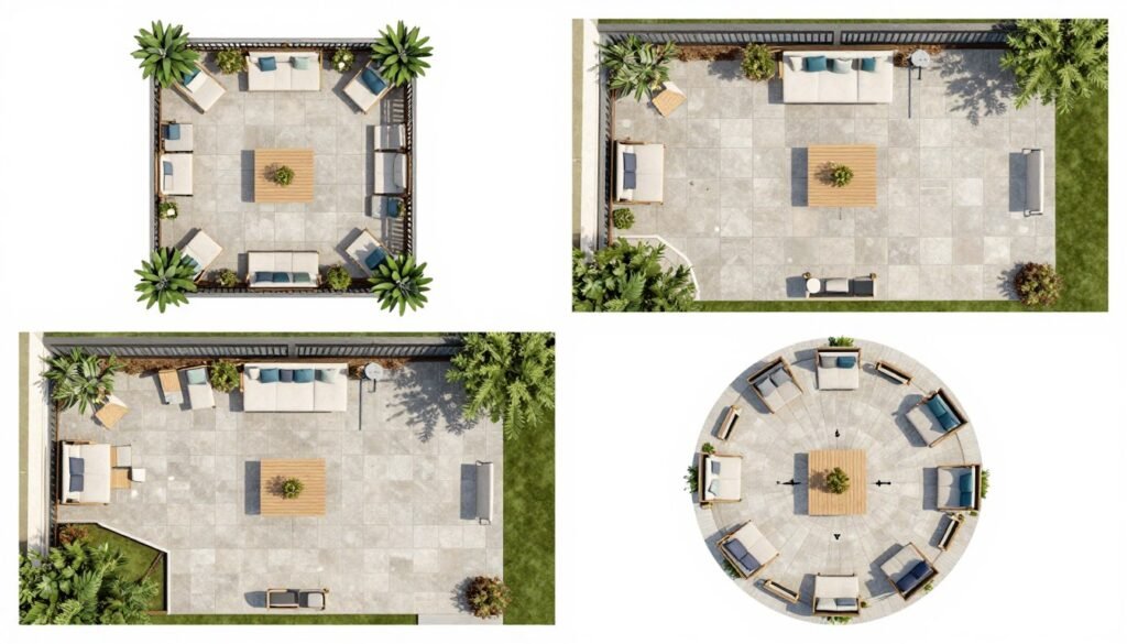 Four different patio shapes with furniture layouts optimized for each shape