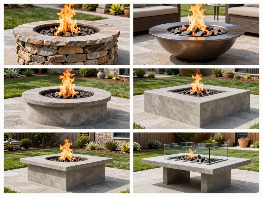 Four different types of backyard fire pits shown in a collage: stone, metal, concrete, and fire table