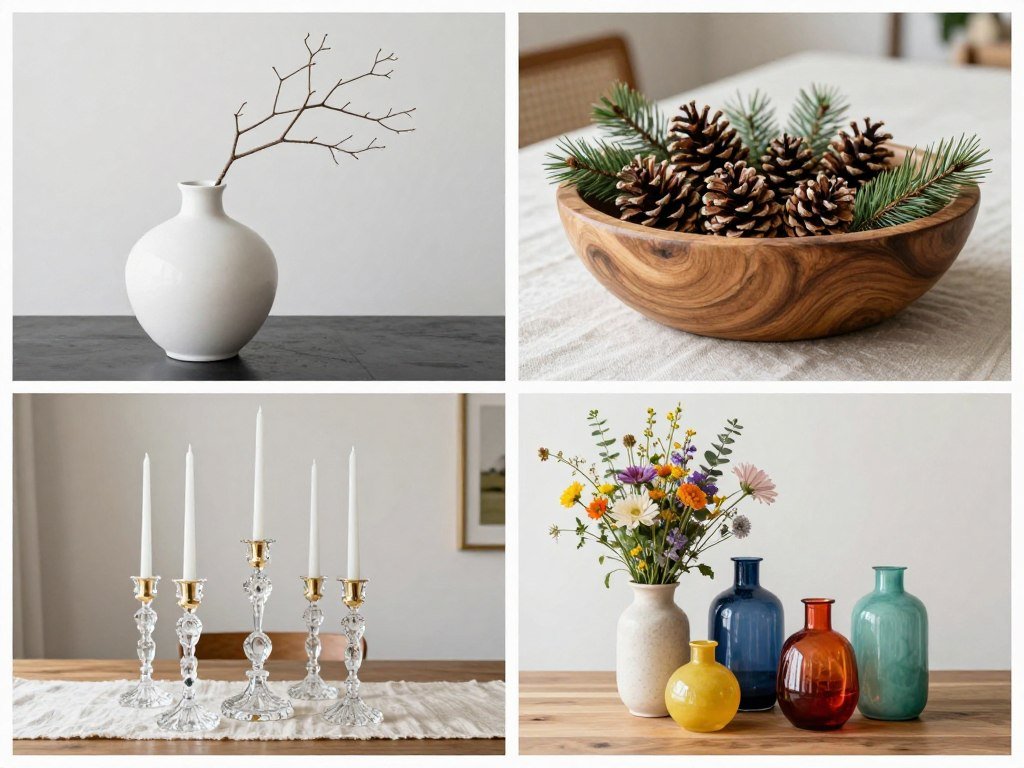 Four distinct dining room centerpiece styles showcased in a grid: modern minimalist, rustic farmhouse, glamorous formal, and eclectic bohemian Four distinct dining room centerpiece styles showcased in a grid: modern minimalist, rustic farmhouse, glamorous formal, and eclectic bohemian