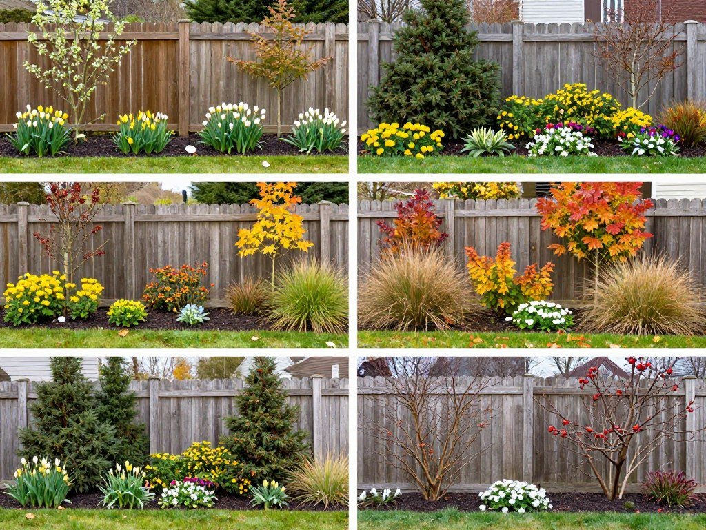 Four-season fence line garden showing the same area in spring, summer, fall, and winter with changing seasonal interest