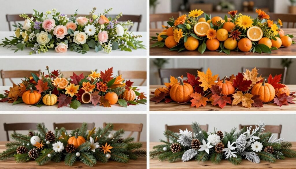 Four seasonal centerpiece variations for a long dining table showing spring, summer, fall, and winter themes