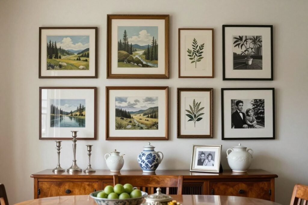 Framed artwork and personal objects in a Nancy Meyers dining room