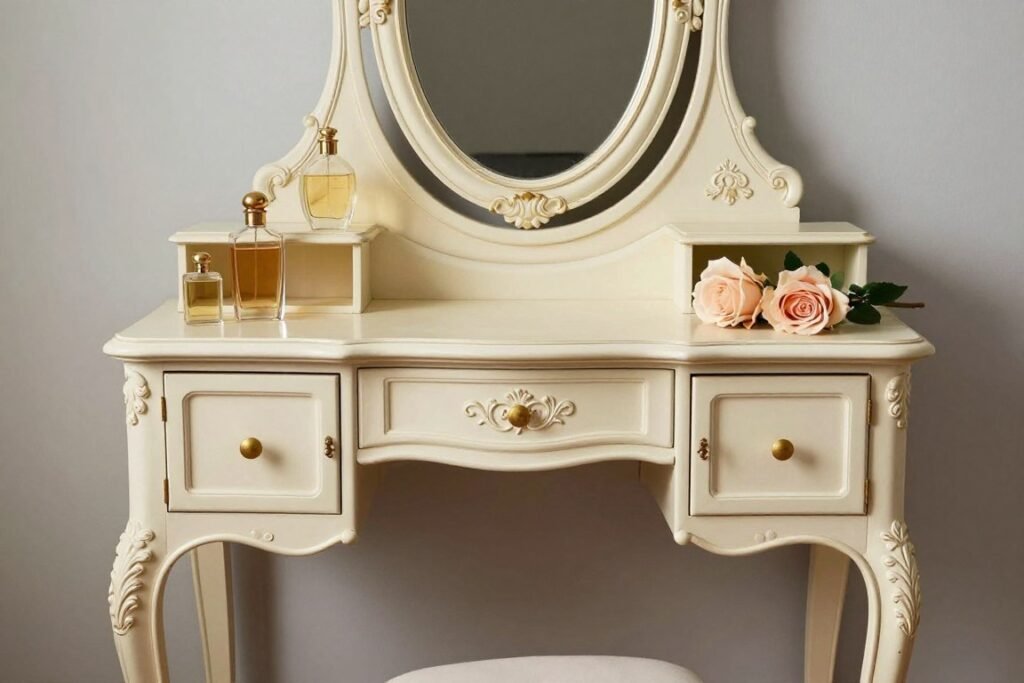 French Provincial vintage vanity with delicate curves and ornate details embodying vintage vanity aesthetic