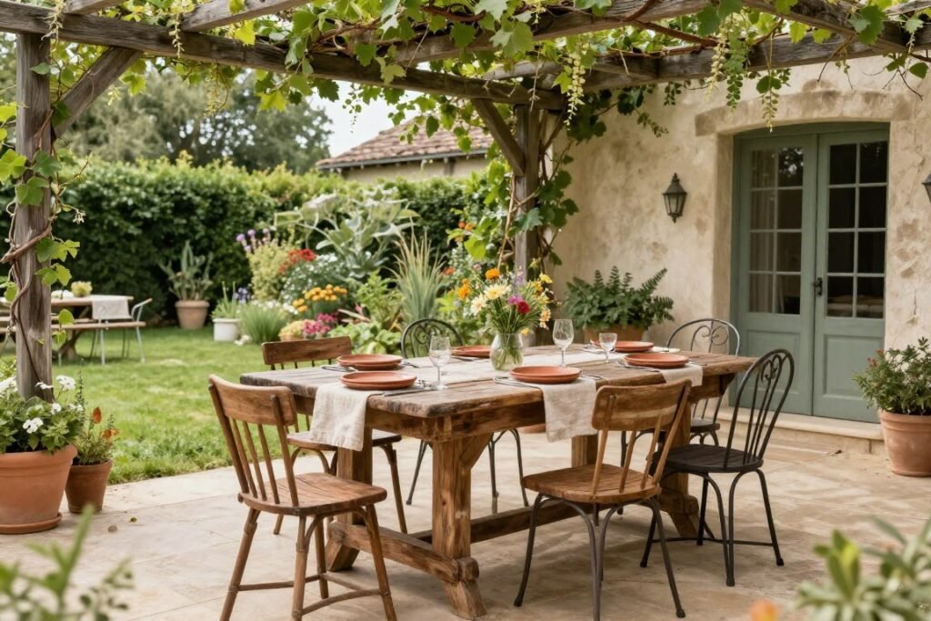 French country backyard dining area with rustic table and mismatched chairs