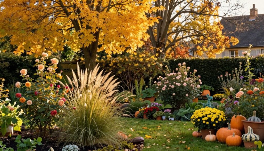 French country backyard in autumn with seasonal colors and textures