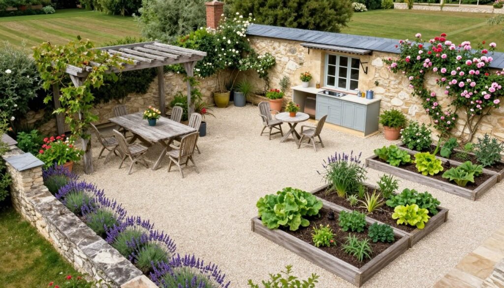 French country backyard layout with distinct zones for dining, relaxing, and kitchen garden