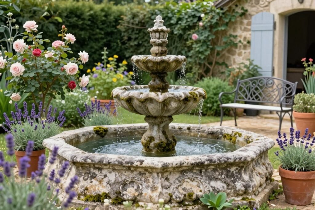 French country backyard water feature with surrounding plantings