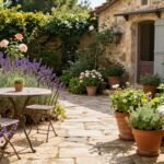 Creating a Charming French Country Backyard: Your Complete Design Guide French country backyard with rustic stone pathway, weathered furniture, and climbing roses