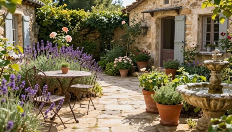 French country backyard with rustic stone pathway, weathered furniture, and climbing roses