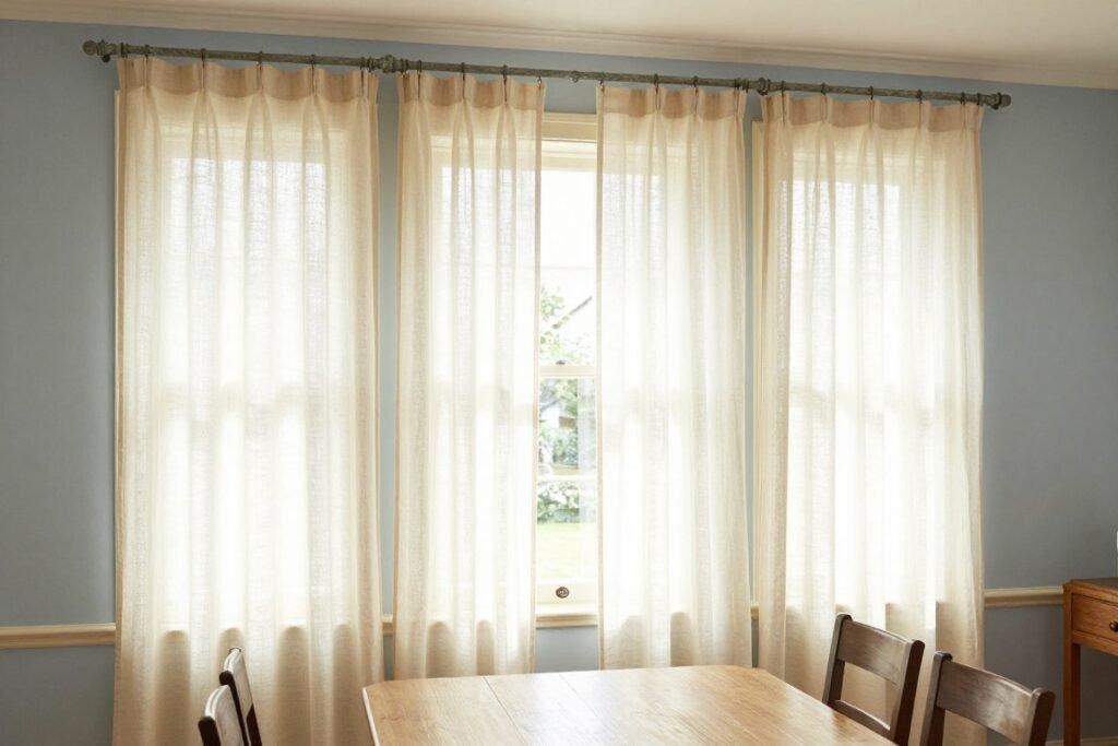 French country dining room windows dressed with simple sheer linen curtains that filter natural light