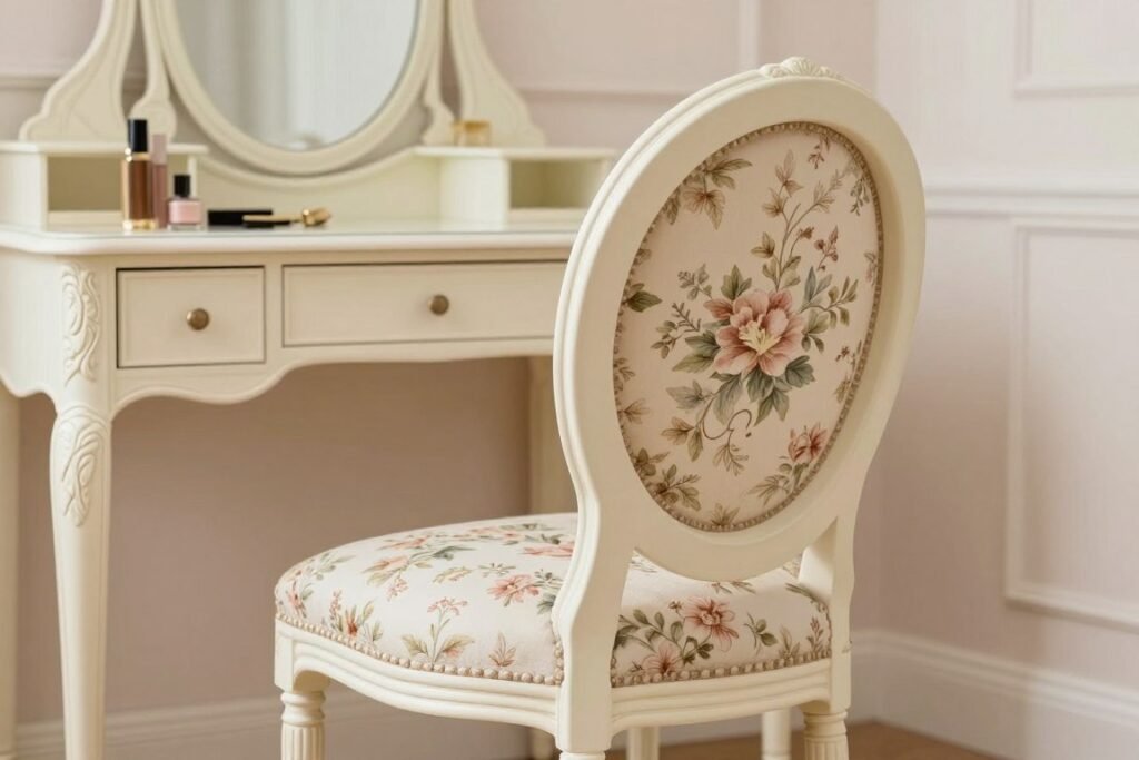 French-style vanity chair with oval back and elegant upholstery complementing vintage vanity aesthetic