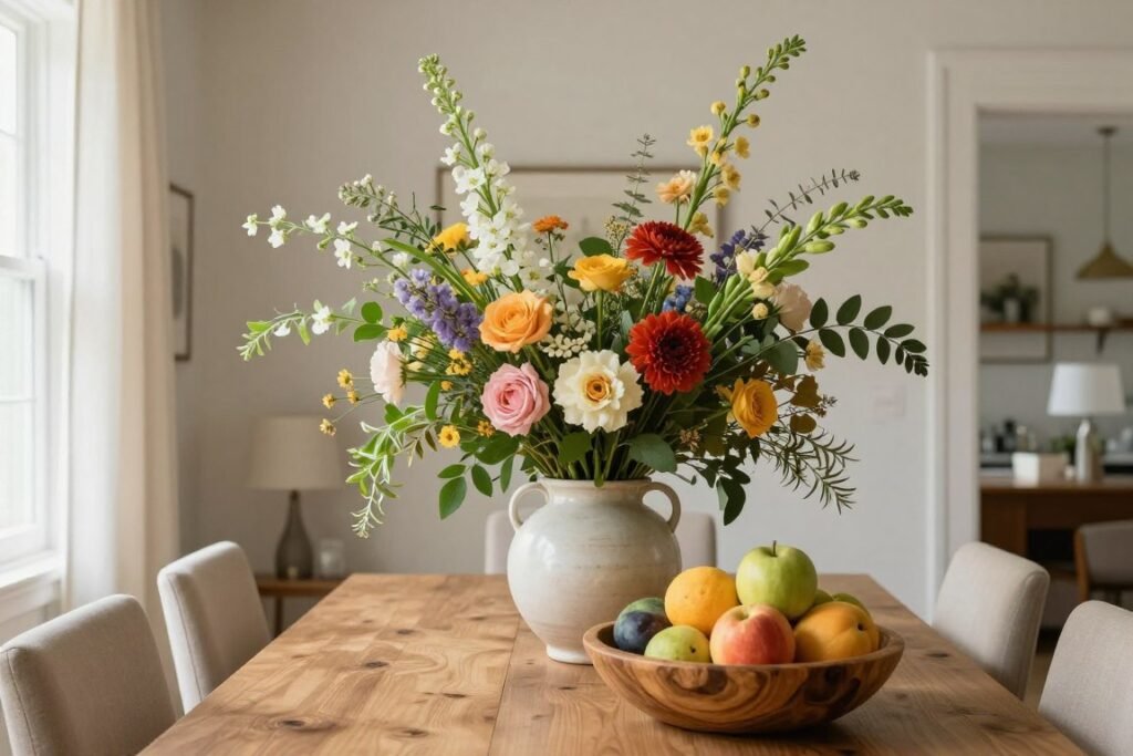 Fresh flowers and fruit bowl in a Nancy Meyers dining room