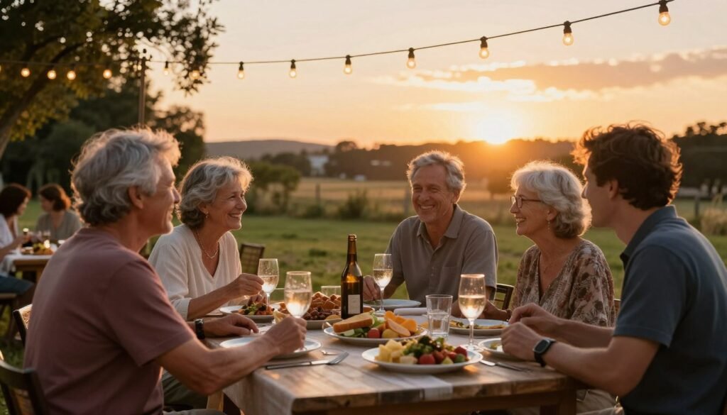 Friends and family enjoying a beautiful outdoor dining experience at sunset