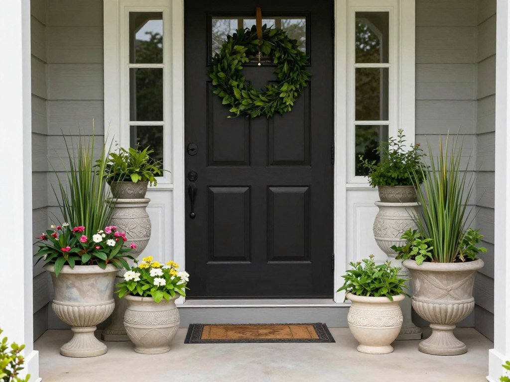 Front entrance with varied height container plantings in coordinating colors