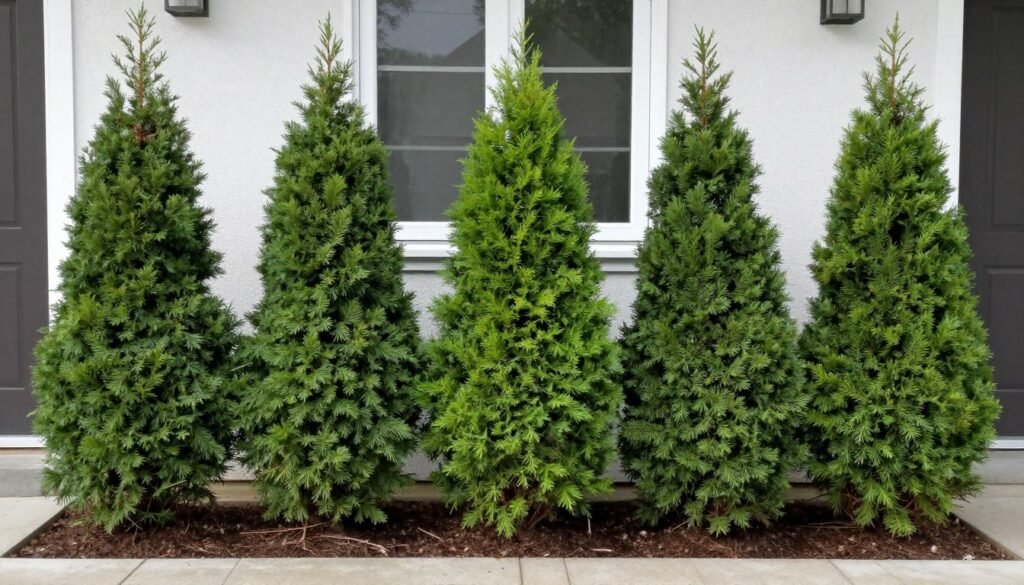 Front of house with evergreen foundation shrubs providing year-round structure