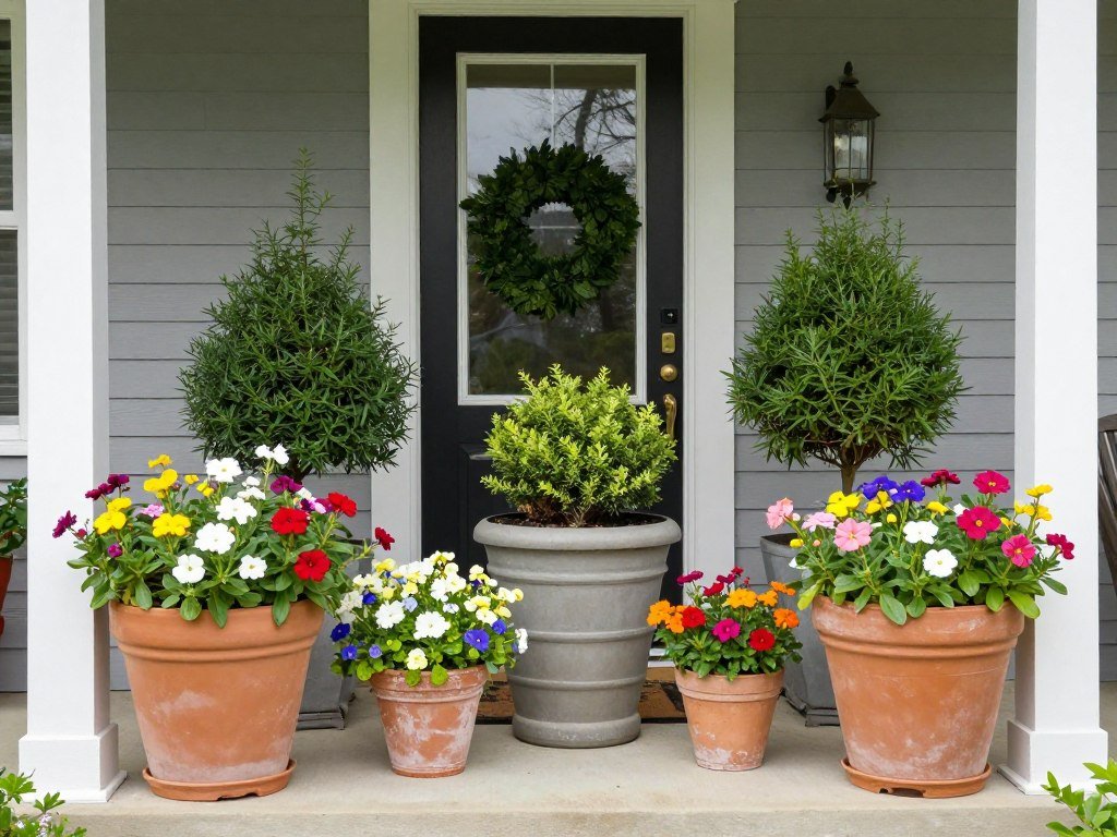 Front porch with attractive container gardens in various sizes