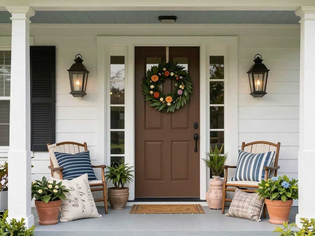 Front porch with layered decorative elements including lanterns, pillows, and seasonal accents Front porch with layered decorative elements including lanterns, pillows, and seasonal accents