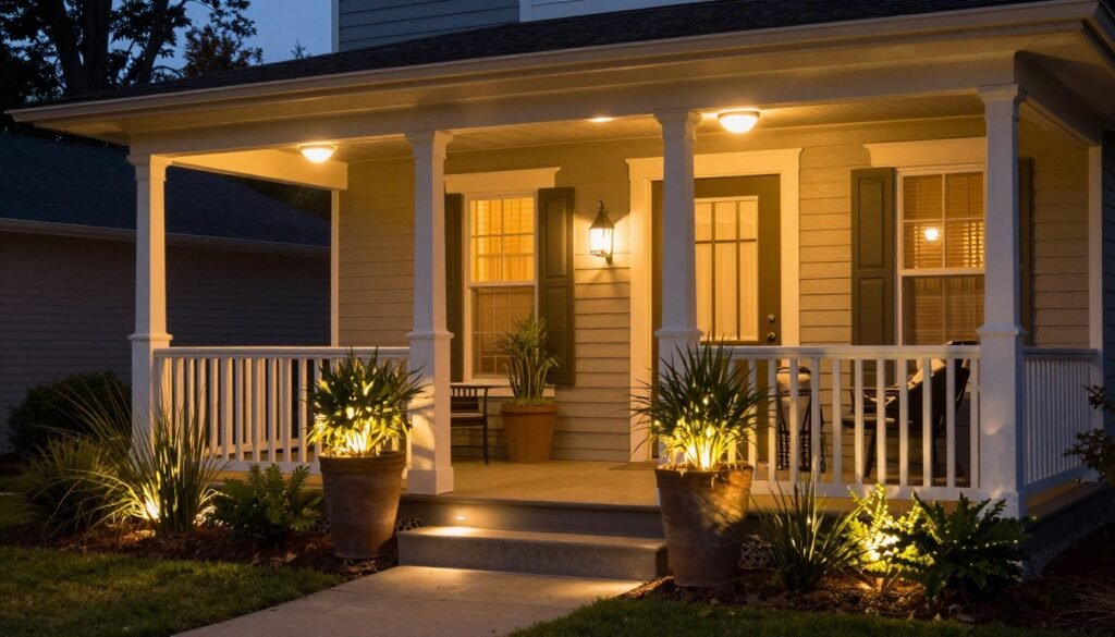 Front porch with layered lighting including overhead fixtures, path lights, and accent lighting on plants Front porch with layered lighting including overhead fixtures, path lights, and accent lighting on plants
