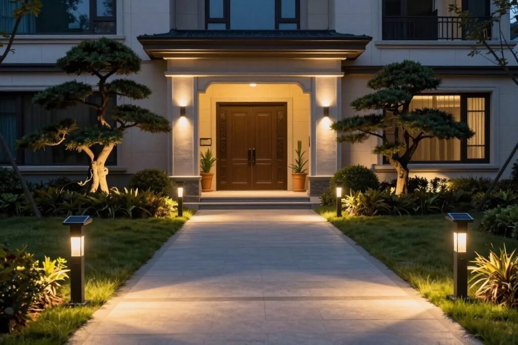Front walkway illuminated with solar path lights and uplighting on ornamental trees