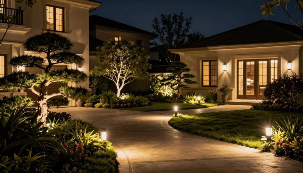 Front yard at night with path lighting and uplighting on trees