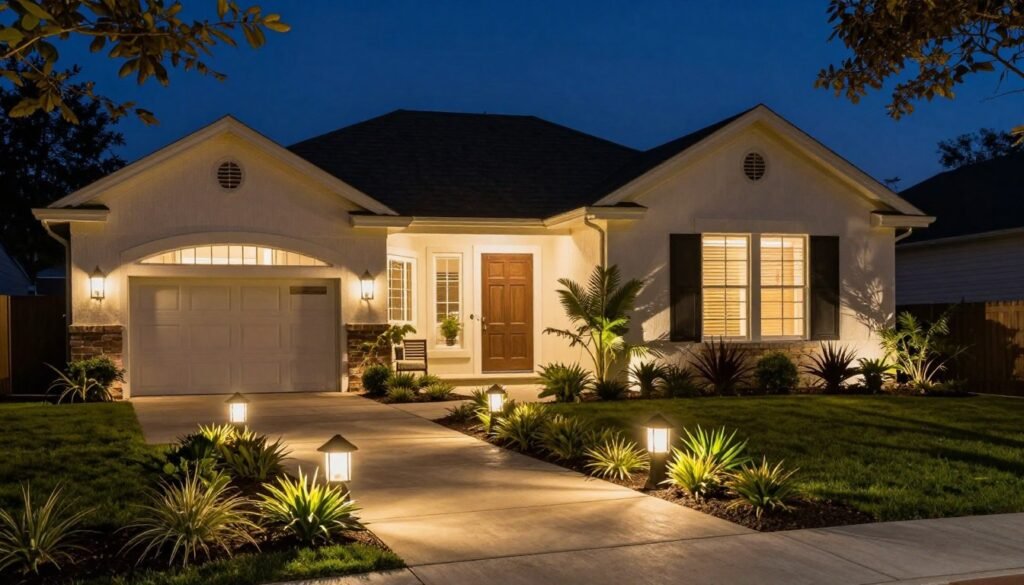 Front yard at night with strategic landscape lighting highlighting architectural features and plants