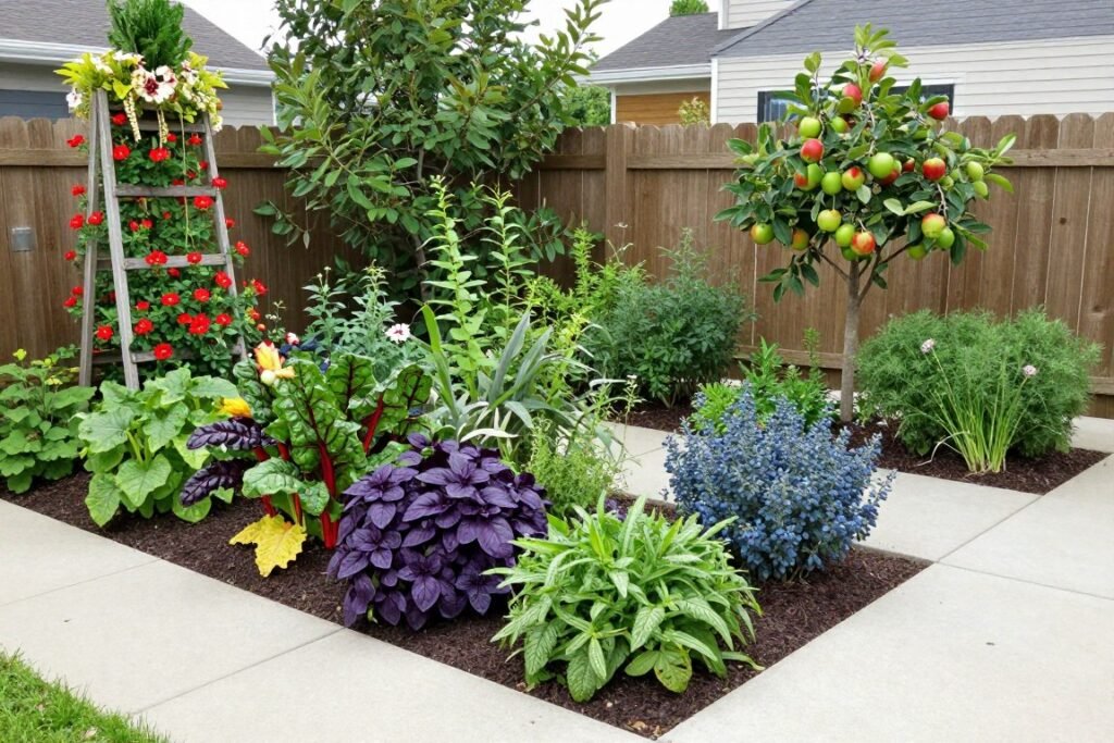 Front yard edible landscape with ornamental vegetables, herbs, and fruit trees integrated with flowering plants
