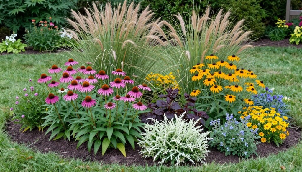 Front yard garden bed with colorful low-maintenance perennials and ornamental grasses