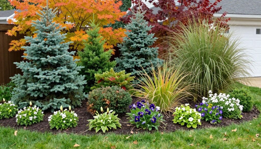 Front yard garden showing four-season interest with structural elements and varied plantings