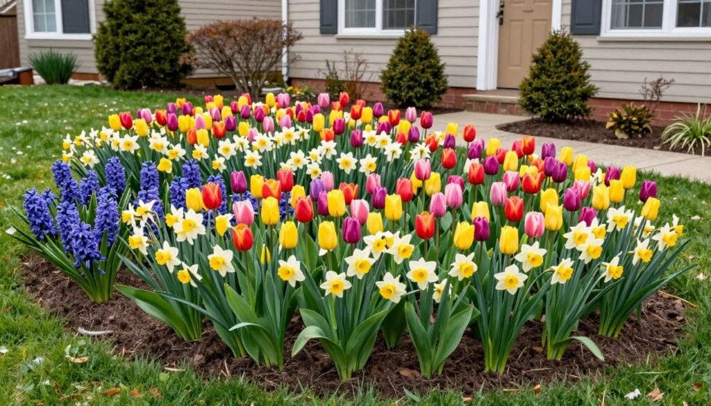 Front yard garden with spring bulbs in bloom including tulips, daffodils, and hyacinths