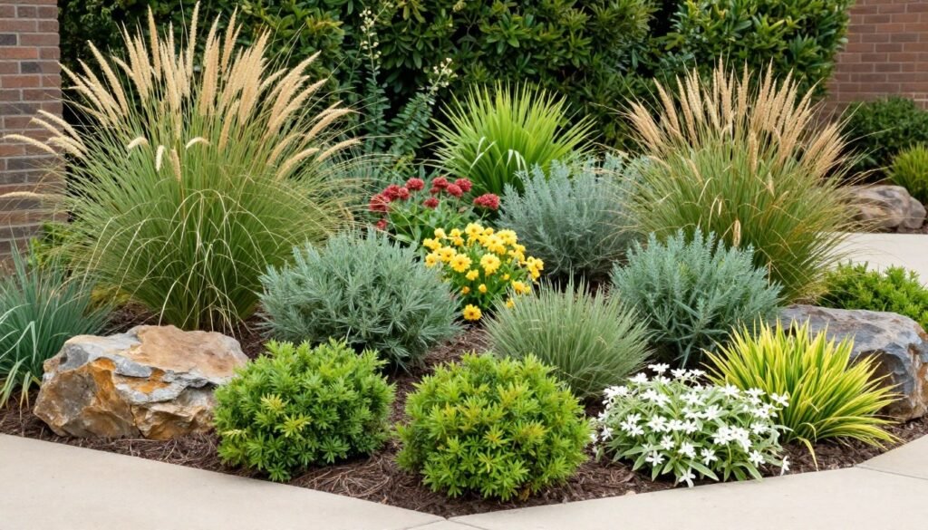 Front yard landscape featuring drought-tolerant plants, ornamental grasses, and flowering perennials arranged in layers