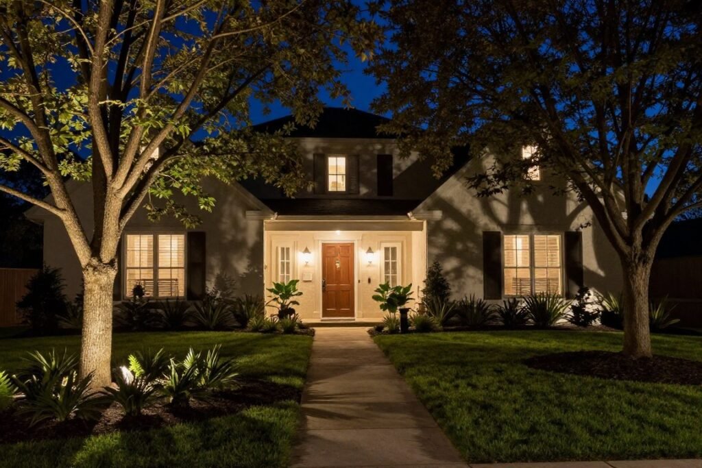 Front yard landscape lighting highlighting trees, pathway, and architectural features