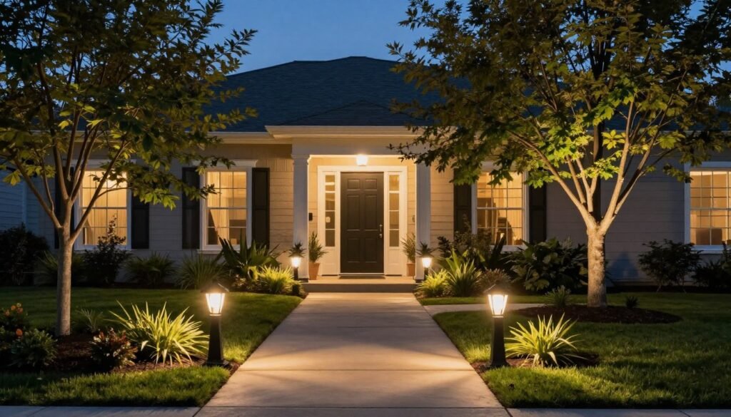 Front yard landscape lighting illuminating a pathway and highlighting garden features at dusk