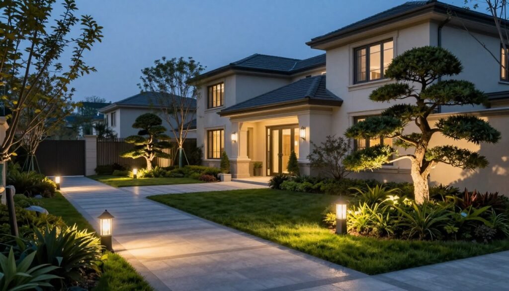 Front yard landscape with evening lighting highlighting pathway, trees, and architectural features Front yard landscape with evening lighting highlighting pathway, trees, and architectural features