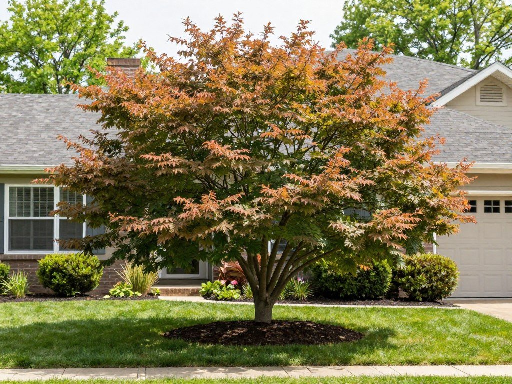 Front yard landscaping design featuring a specimen tree providing structure and shade
