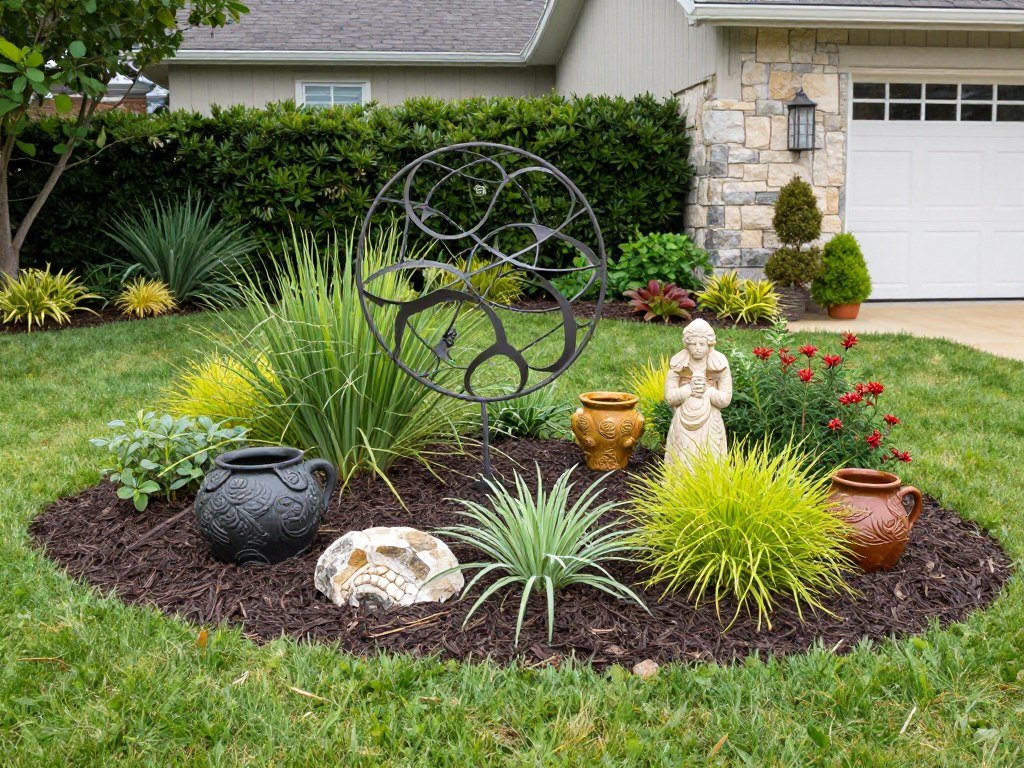 Front yard landscaping design featuring tasteful garden art and sculpture